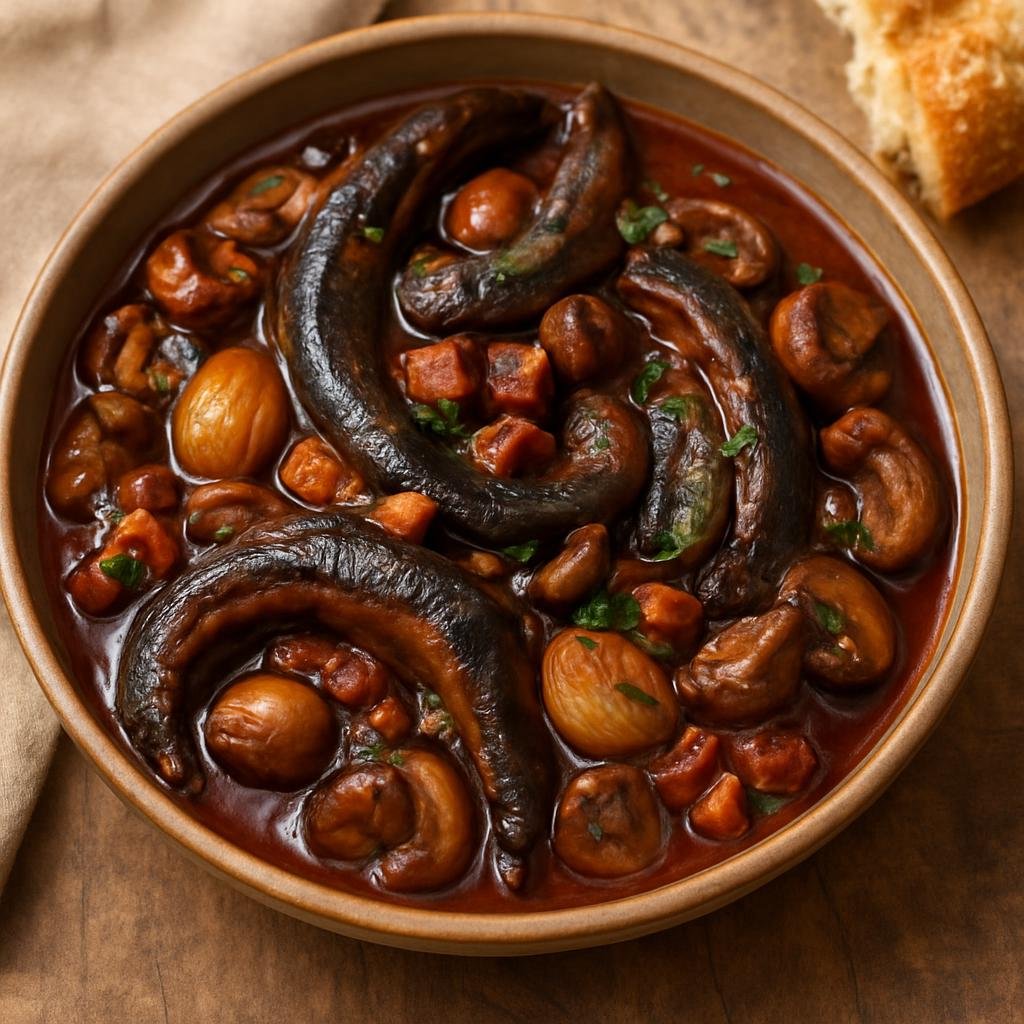 Entree: France – Loire Valley – Matelote d'Anguilles (Slow-braised freshwater eel in red wine with shallots, mushrooms, and bacon) recipe