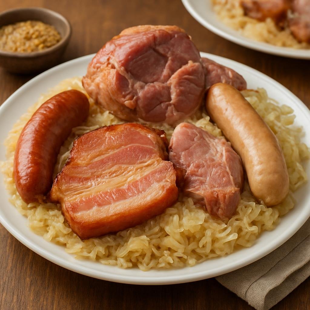 Entree: France – Lorraine – Choucroute Garnie (Braised sauerkraut cooked with a selection of cured, smoked, and fresh pork cuts and sausages) recipe