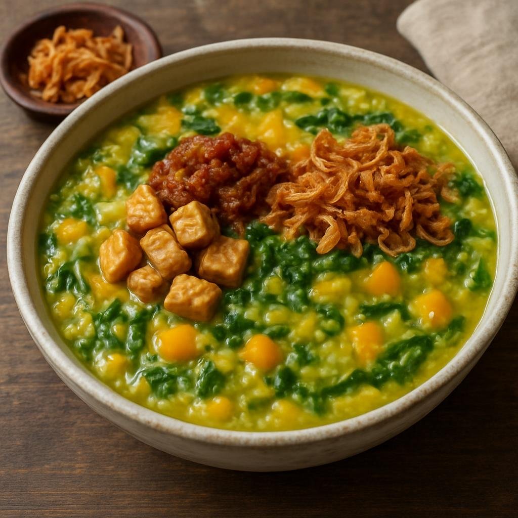 Entree: Indonesia – Manado / North Sulawesi – Tinutuan (Hearty Manado rice-and-vegetable porridge made with corn, pumpkin, tuber, and leafy greens, served with savory toppings) recipe
