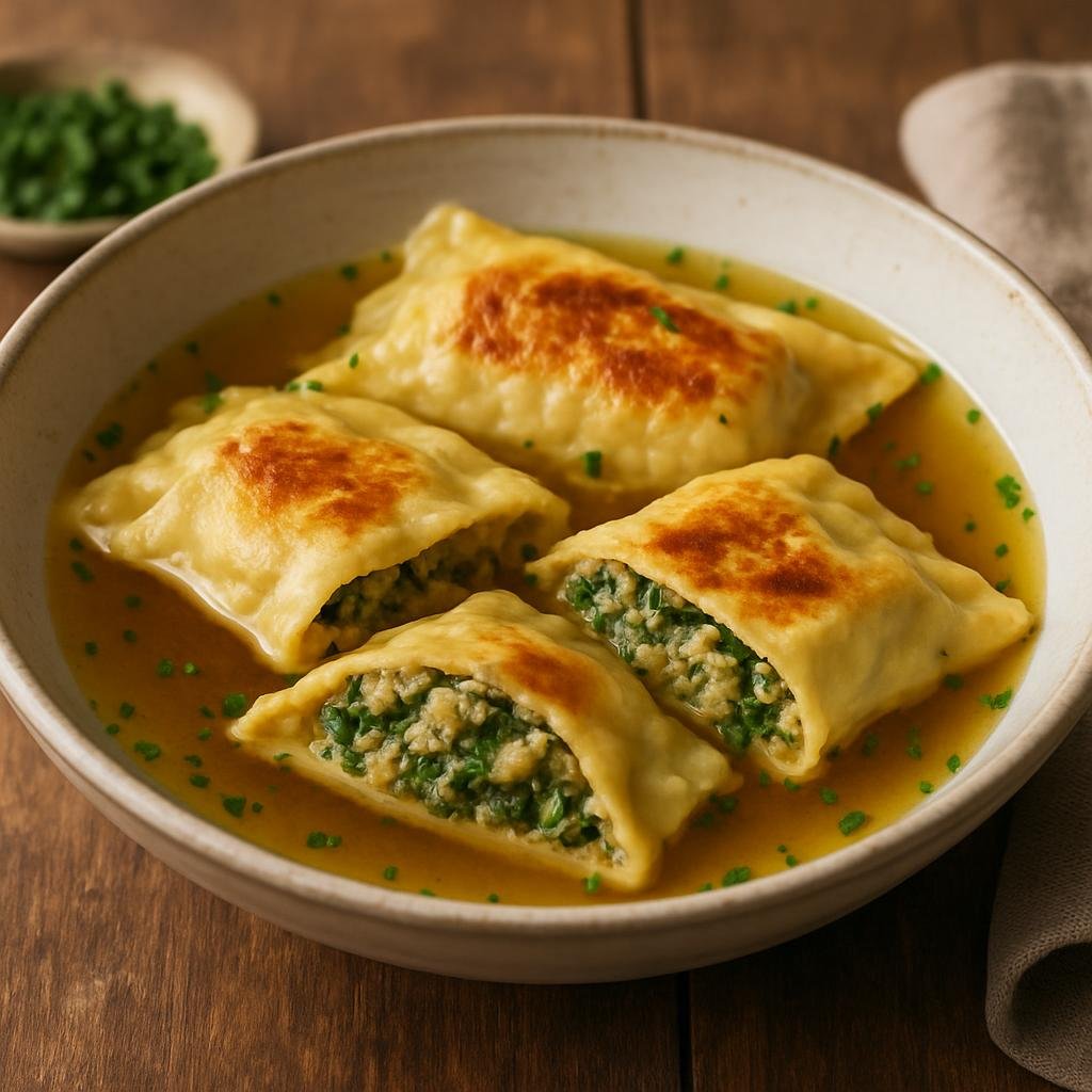 Entree: Germany – Wurttemberg – Maultaschen (Large Swabian filled pasta pockets typically stuffed with meat, spinach, bread crumbs and herbs, served in broth or pan-fried) recipe