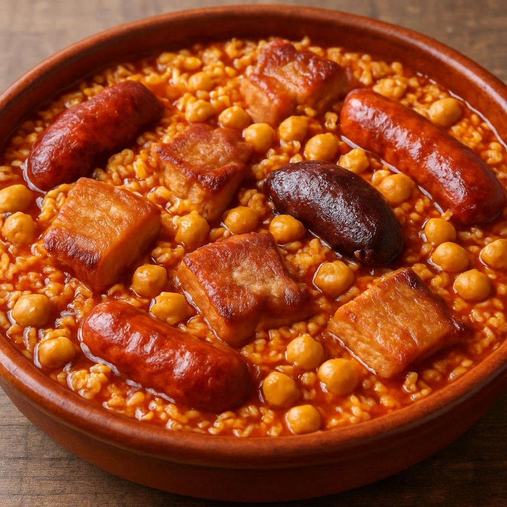 Entree: Spain – Valencia – Arroz al Horno (Valencian oven-baked rice with pork, sausages, chickpeas, and tomato broth) recipe