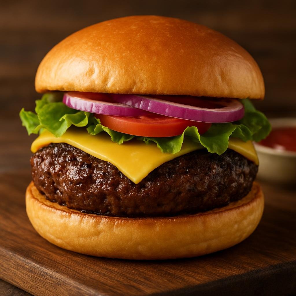 Entree: United States – Great Plains – Bison Burger (Pan-seared or grilled ground bison patties served in a bun with classic burger toppings and condiments) recipe
