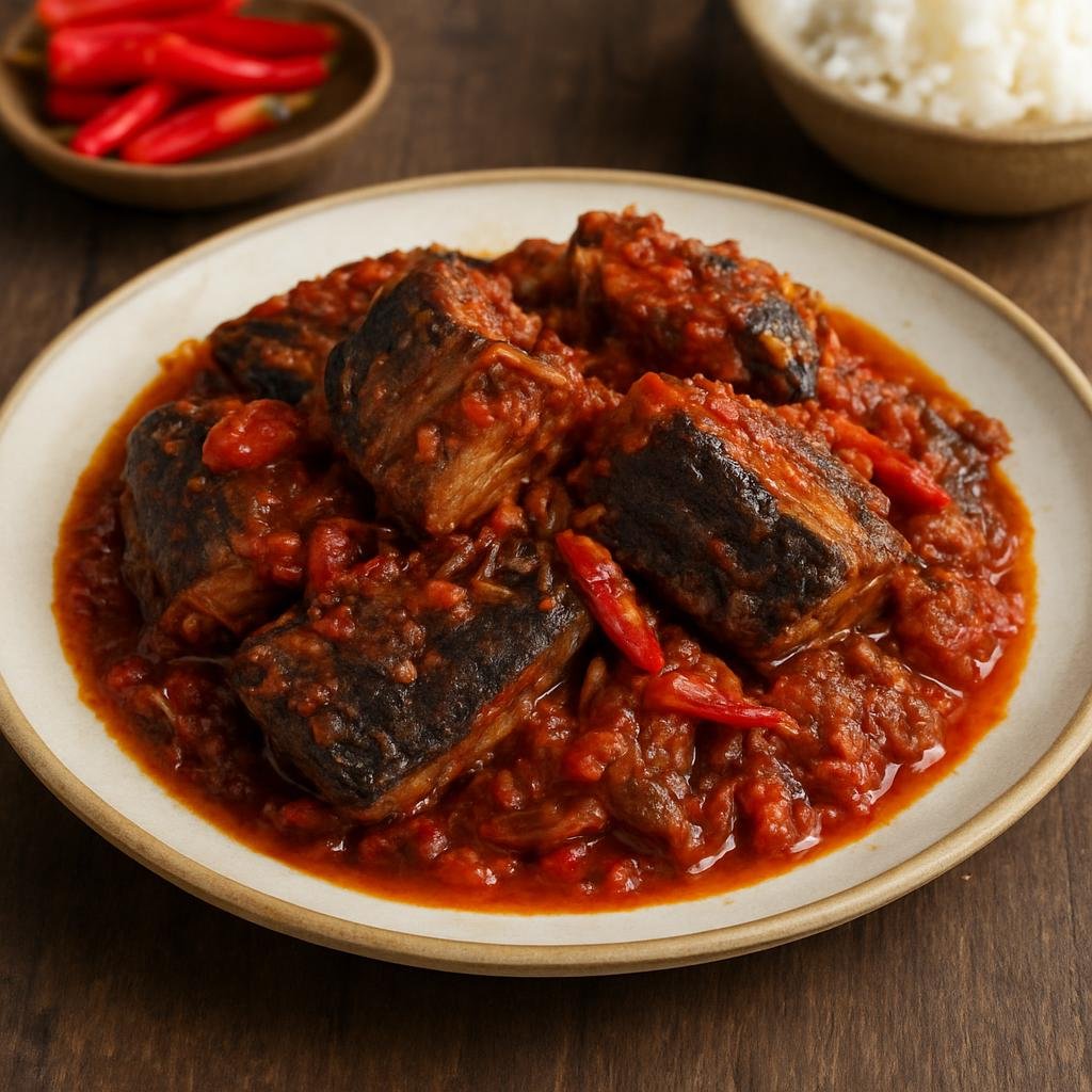 Entree: Indonesia – Manado / North Sulawesi – Cakalang Fufu (Smoked skipjack tuna prepared and cooked in spicy Manadonese style) recipe