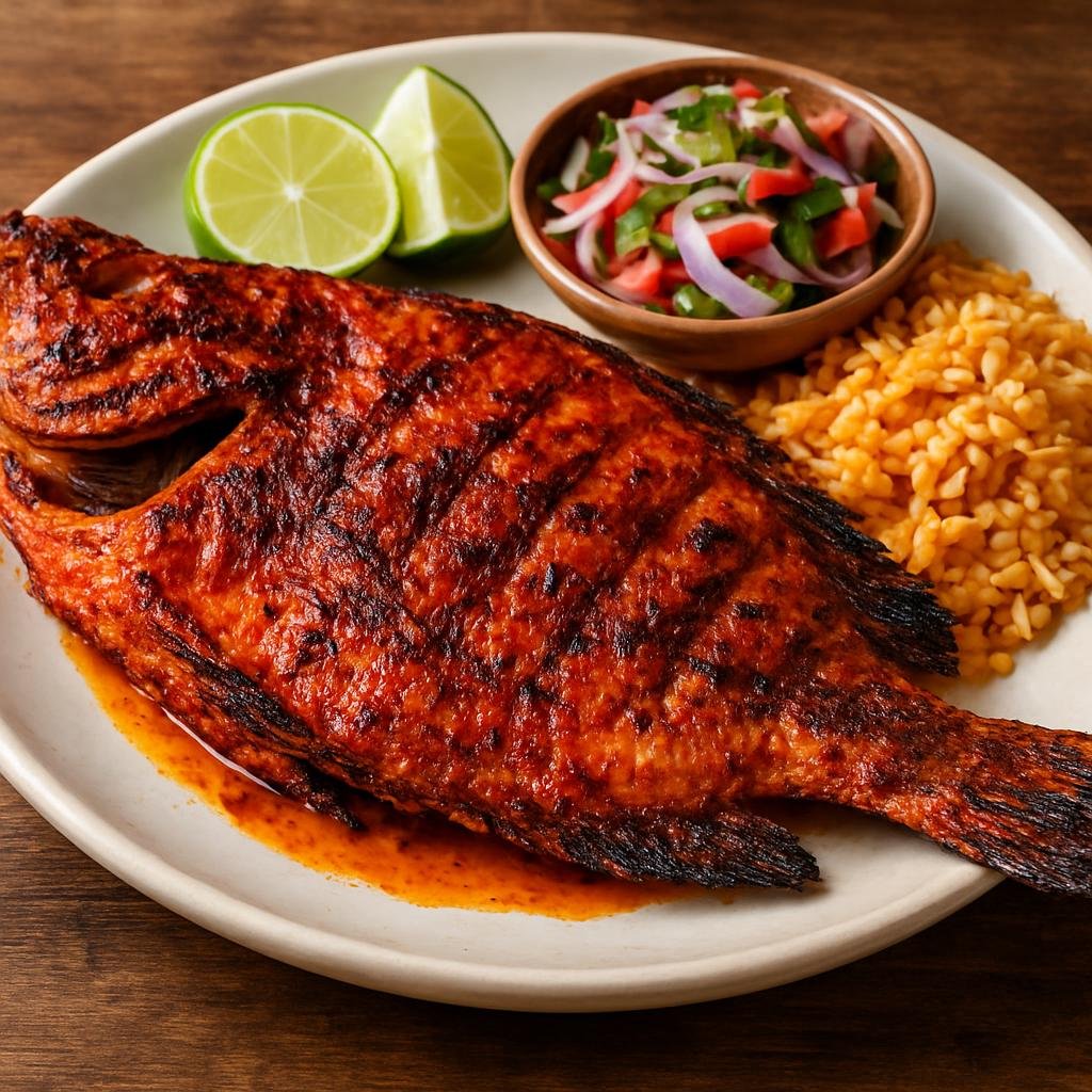 Entree: Mexico – Sinaloa & Pacific Coast – Pescado Zarandeado (Grilled butterflied whole fish marinated in a smoky citrus-chile sauce) recipe