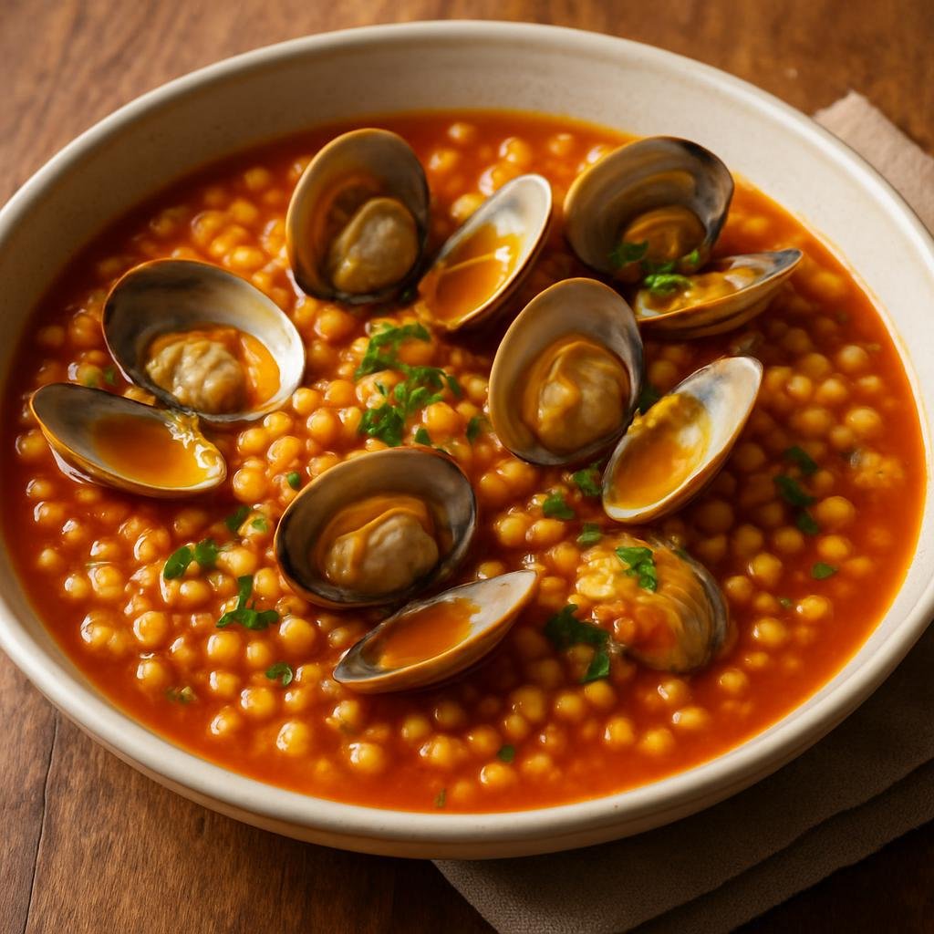 Entree: Italy – Sardinia – Fregula con Arselle (Sardinian toasted semolina pearls cooked with fresh clams in a tomato, white wine and saffron broth) recipe
