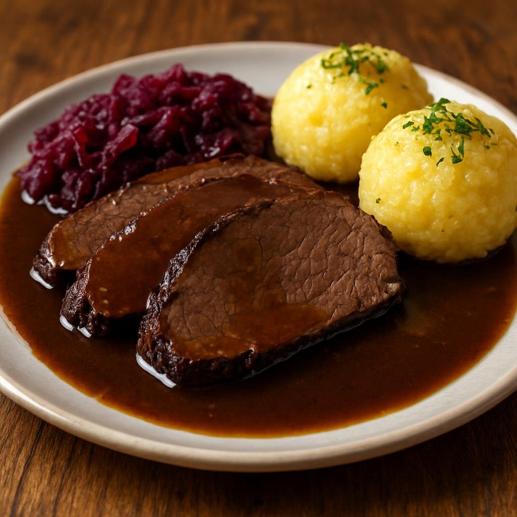 Entree: Germany – Wurttemberg – Schwäbischer Sauerbraten (Swabian marinated pot roast braised in a spiced sour-sweet gravy) recipe