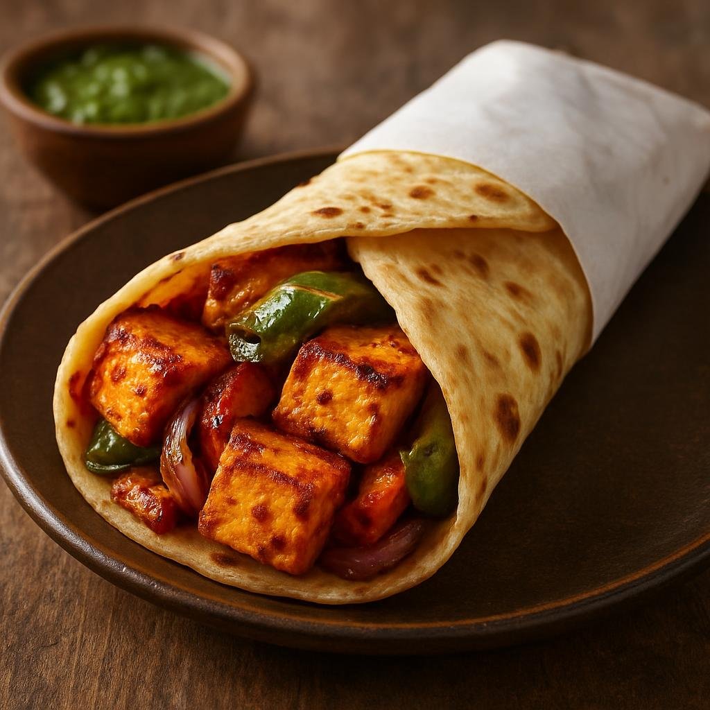 Entree: India – Indian Street Food Classics – पनीर टिक्का रोल ➤ Panīr Ṭikkā Roll (Grilled spiced paneer and vegetables wrapped in a flatbread) recipe