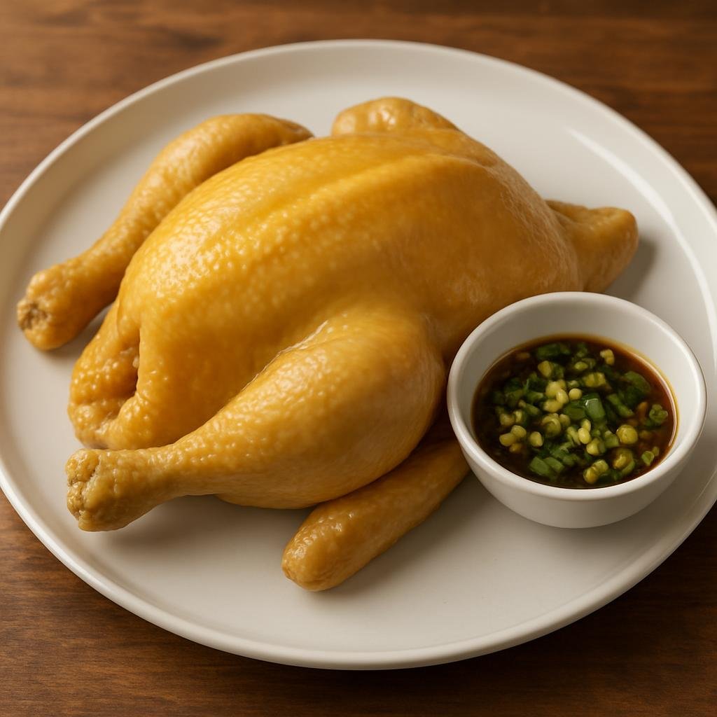 Entree: China – Jiangxi – 庐山云雾鸡 ➤ Lúshān Yúnwù Jī (Poached whole chicken from Lushan served simply with a hot scallion-ginger oil and light soy dipping sauce) recipe