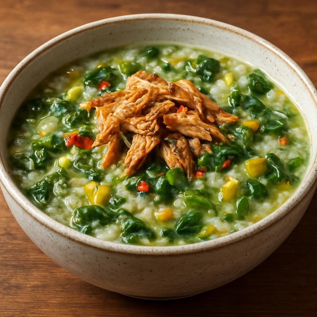 Entree: Indonesia – Manado / North Sulawesi – Bubur Manado (Hearty savory rice porridge cooked with local vegetables and flaked smoked fish) recipe