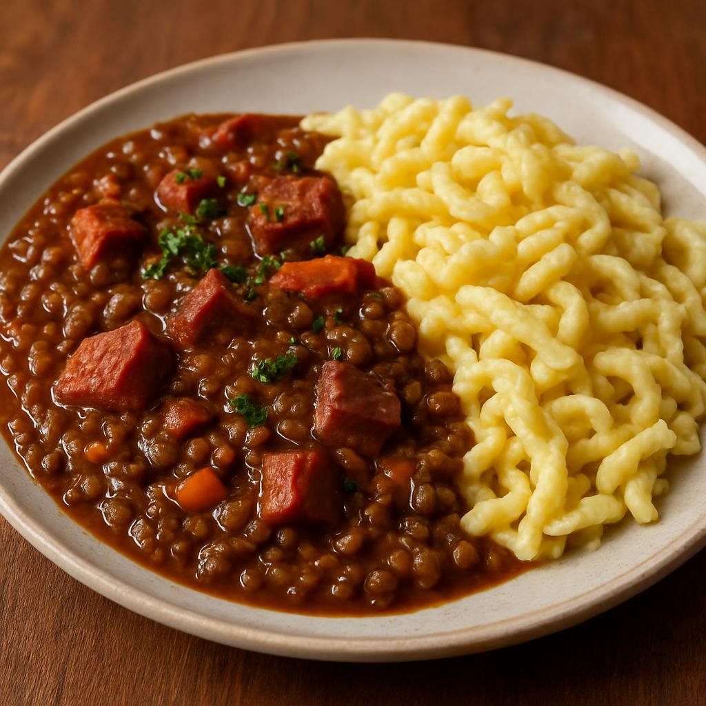 Entree: Germany – Wurttemberg – Linsen mit Spätzle (Hearty brown lentil stew cooked with smoked pork and served with soft egg spaetzle noodles) recipe