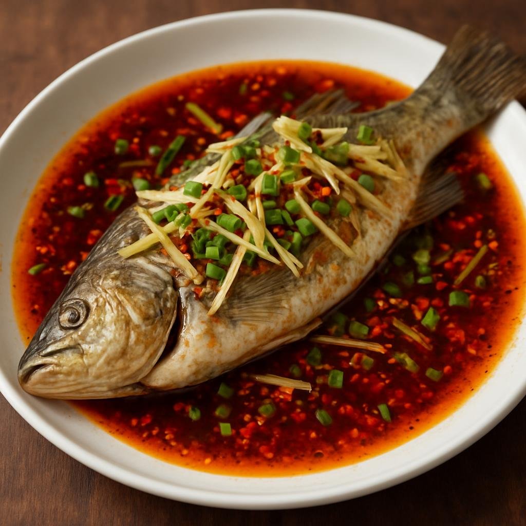 Entree: China – Jiangxi – 江西蒸鱼 ➤ Jiāngxī zhēng yú (Whole freshwater fish steamed with ginger, scallions, soy, and spicy chili oil in the Jiangxi regional style) recipe