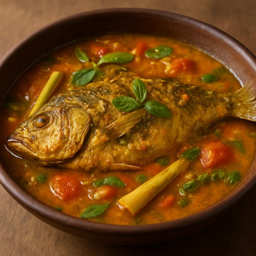 Entree: Indonesia – Manado / North Sulawesi – Ikan Woku Belanga (Manado-style braised whole fish in a spicy, aromatic turmeric, lemongrass, and tomato broth) recipe