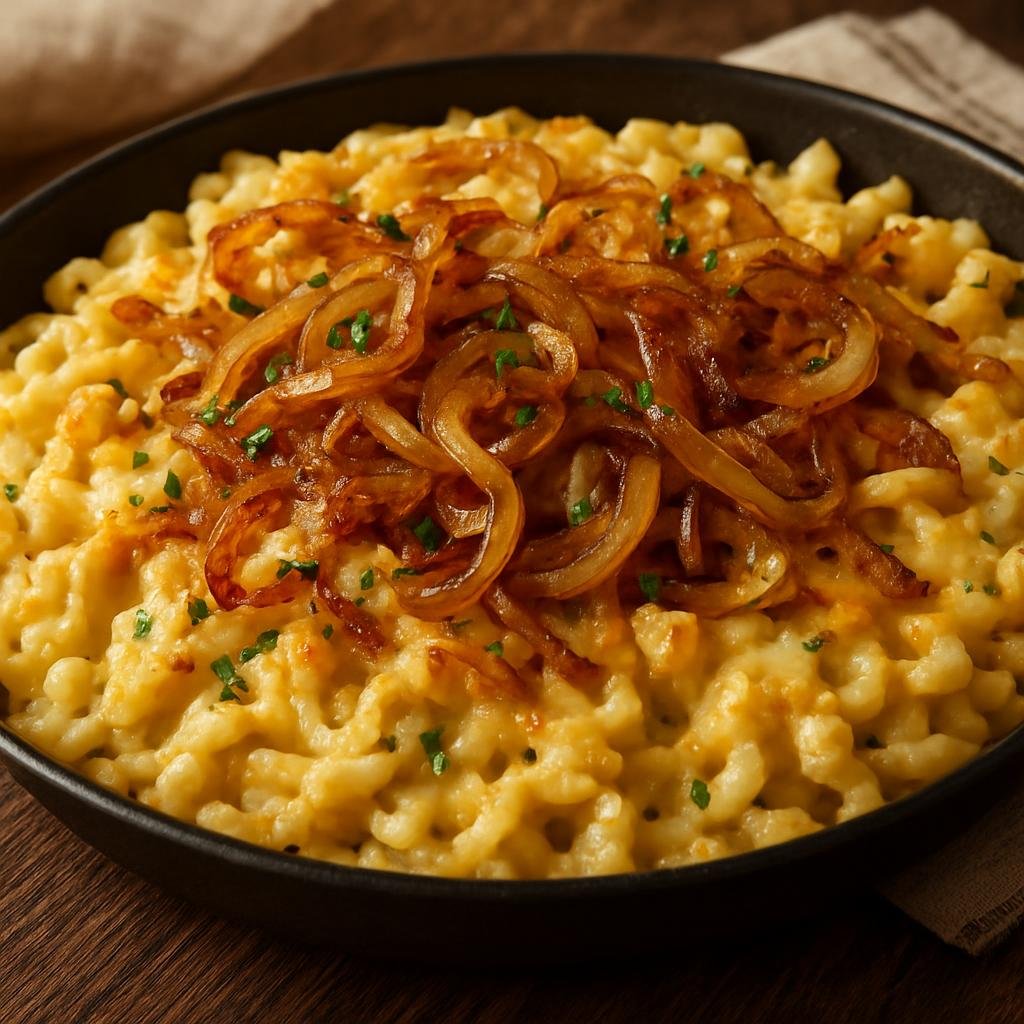 Entree: Germany – Wurttemberg – Käsespätzle (Southern German egg noodles baked with melted alpine cheese and caramelized onions) recipe