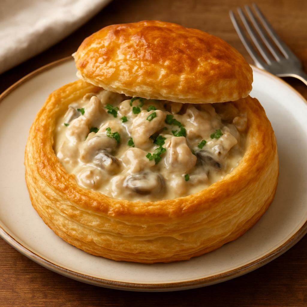 Entree: France – Lorraine – Bouchée à la Reine (Puff pastry shells filled with a creamy chicken and mushroom ragout) recipe