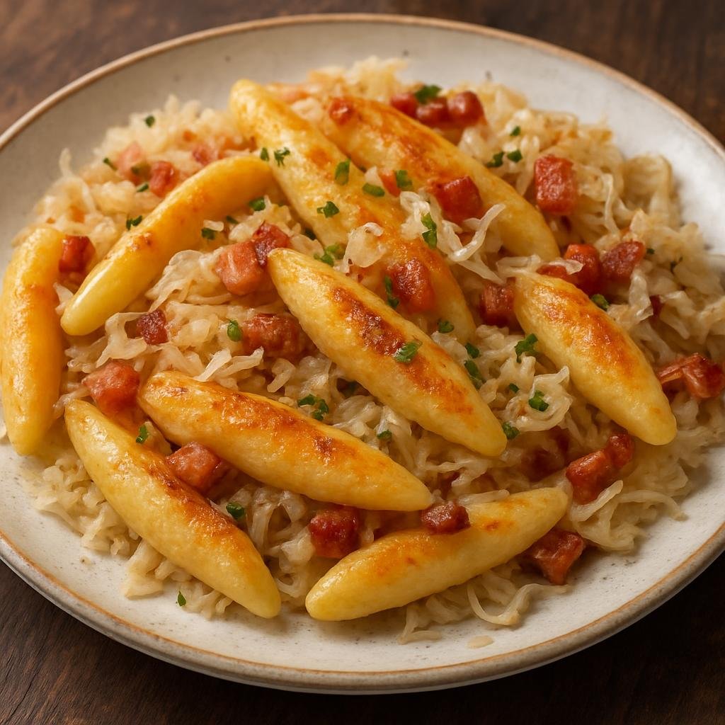 Entree: Germany – Wurttemberg – Schupfnudeln mit Sauerkraut (Pan‑fried finger‑shaped potato dumplings tossed with sauerkraut and bacon) recipe