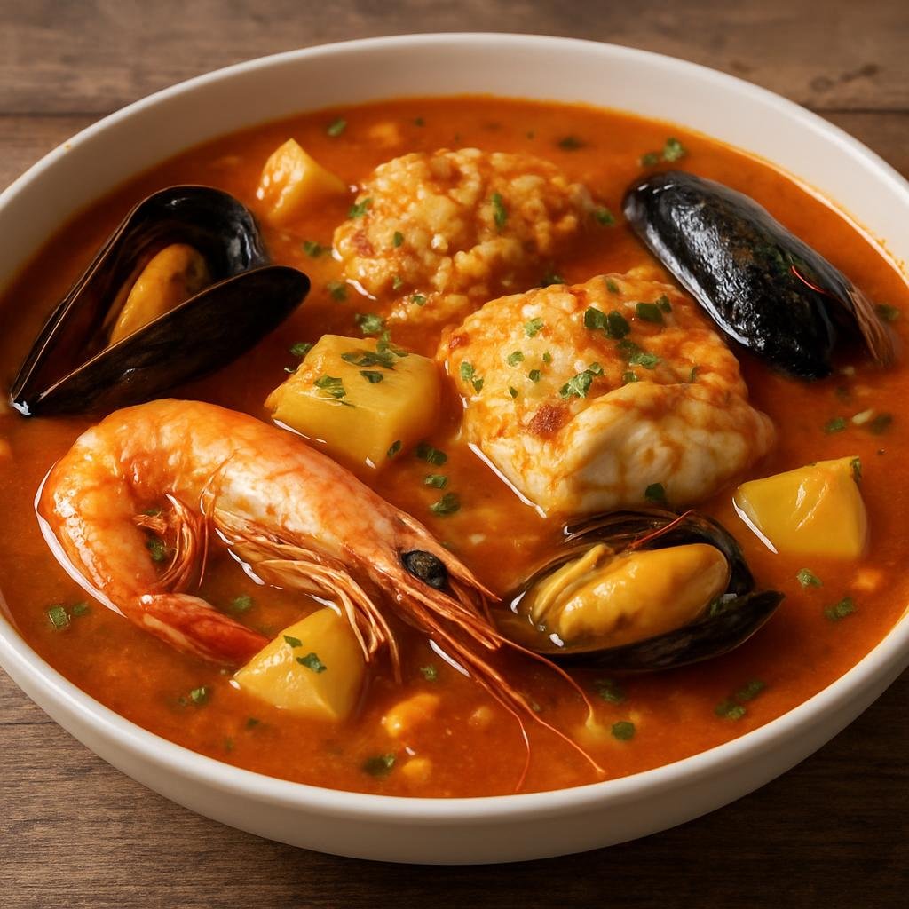 Entree: Spain – Valencia – Suquet de Peix (Valencian fisherman's stew of fish and shellfish cooked with potatoes and a garlic‑almond picada) recipe