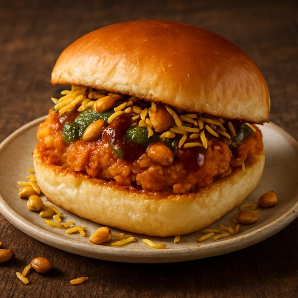Entree: India – Indian Street Food Classics – દબેલી ➤ Dabeli (Spiced mashed potato sandwich with sweet-tangy chutneys, roasted peanuts, and crunchy sev served in buttered buns) recipe