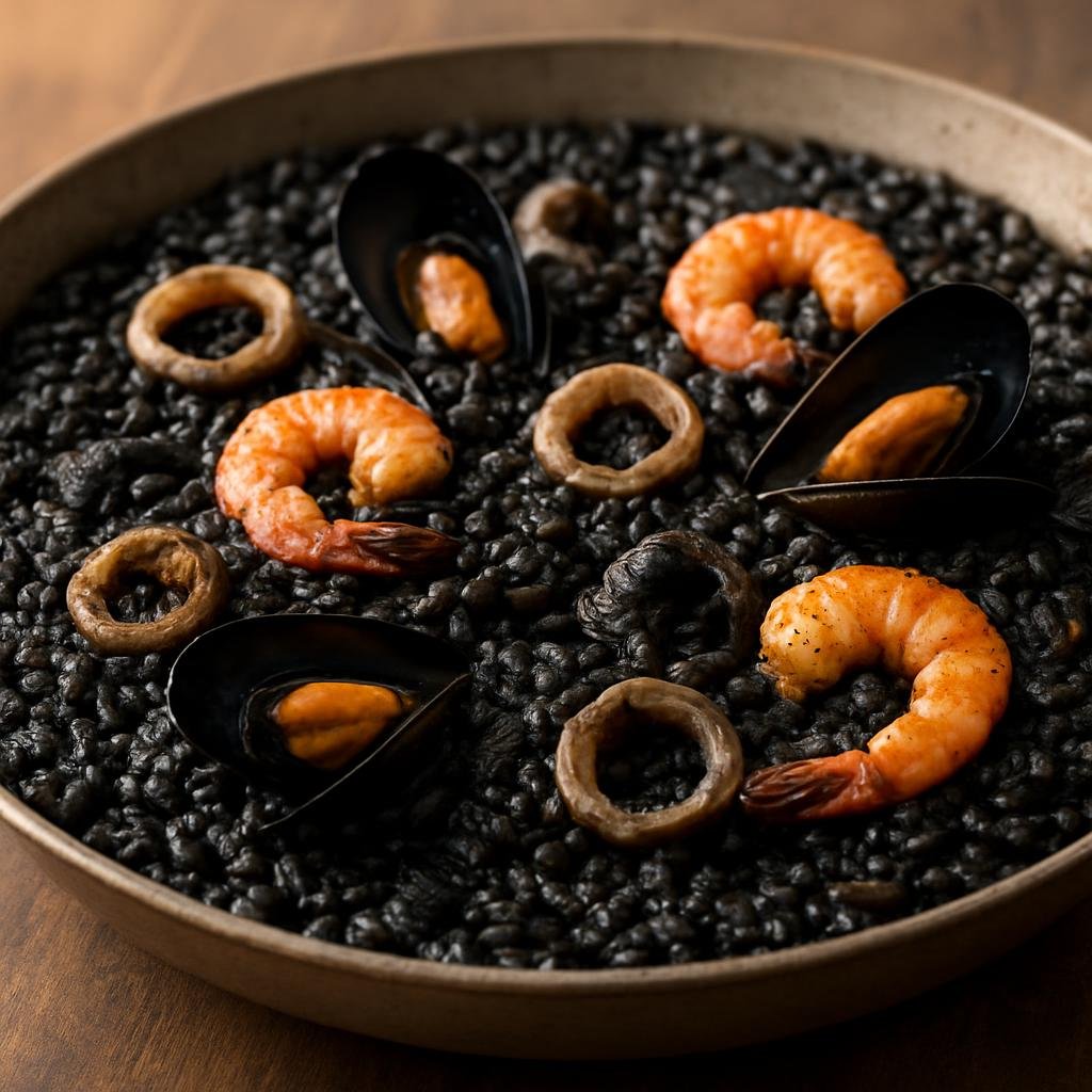 Entree: Spain – Valencia – Arròs Negre (Rice cooked black with squid ink and seafood resulting in a savory, briny paella-like dish) recipe