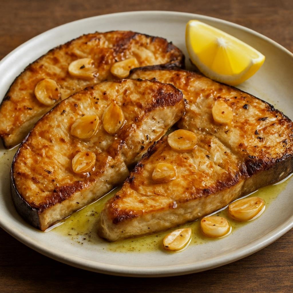Entree: Spain – Valencia – Emperador a la Plancha (Griddle-seared swordfish steaks cooked simply with olive oil, garlic, and lemon) recipe