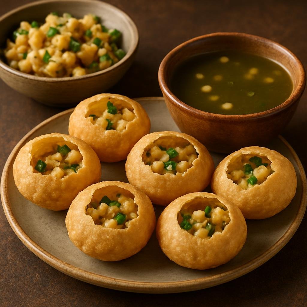 Entree: India – Indian Street Food Classics – पानी पुरी ➤ Pānī Pūrī (Crispy hollow fried dough filled with tangy spiced water, potato and chickpea mixture) recipe