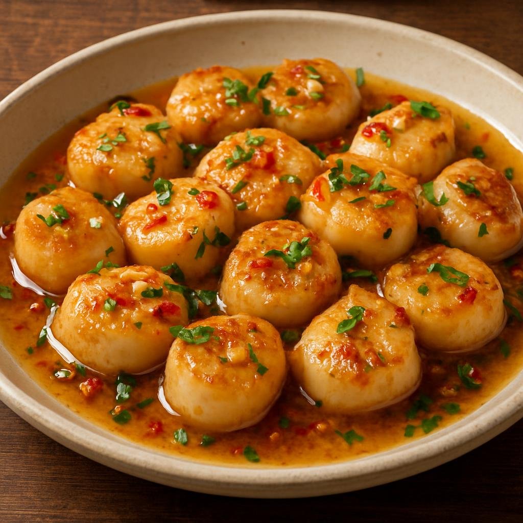 Entree: Mexico – Sinaloa & Pacific Coast – Callos de Hacha al Ajillo (Garlic-sautéed pen shell scallops in a buttery garlic-chili sauce) recipe