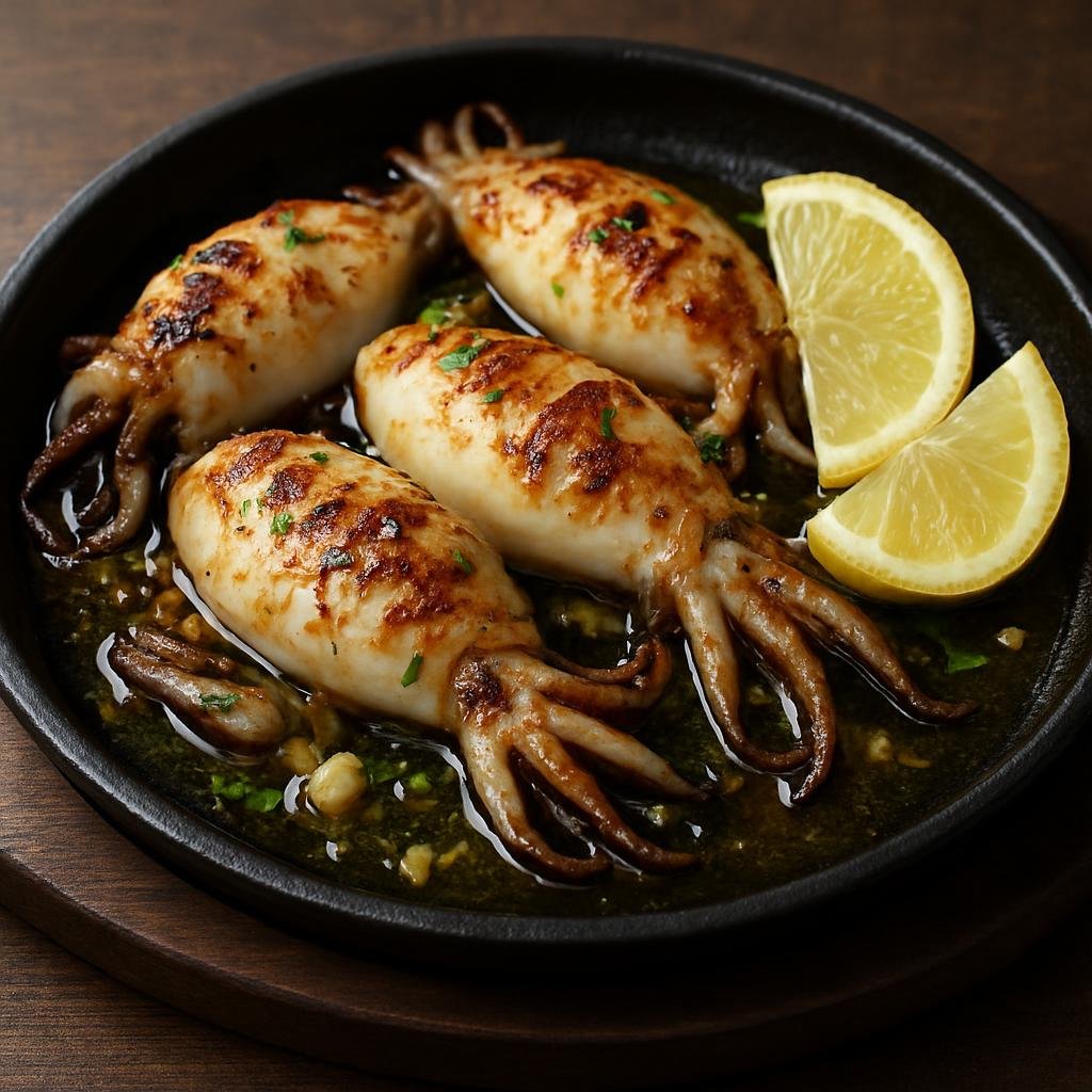 Entree: Spain – Valencia – Sepia a la Plancha (Grilled cuttlefish seared on a hot plate with olive oil, garlic, and lemon) recipe