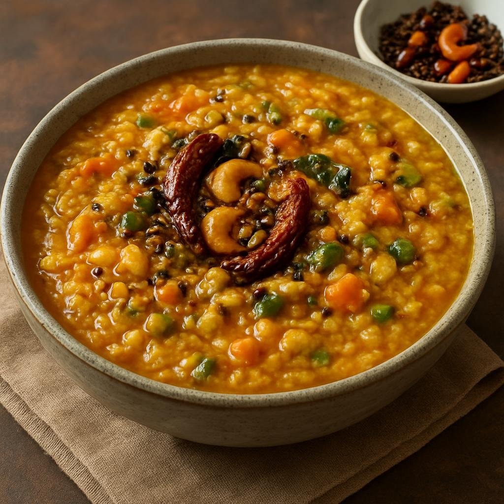 Entree: India – Interior Karnataka – ಬಿಸಿಬೇಳೆ ಬಾತ್ ➤ Bisi Bele Bath (Hearty spiced rice and lentil stew with vegetables and a toasted spice tempering) recipe
