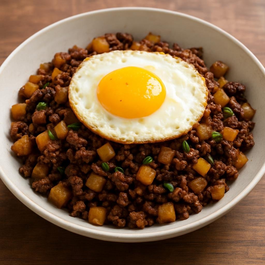 Entree: China – Macau – Minchi (Macanese home-style sauté of minced meat and diced potatoes flavored with soy and Worcestershire, often topped with a fried egg) recipe
