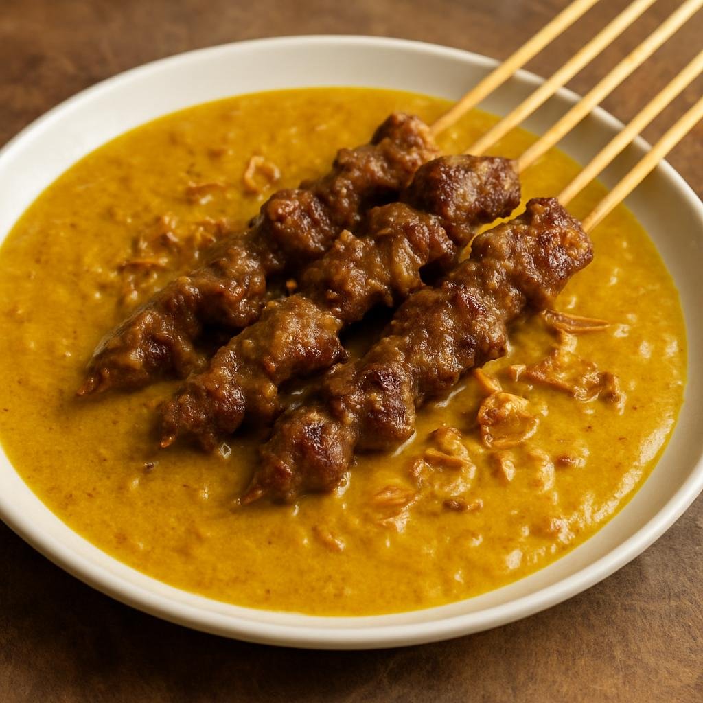 Entree: Indonesia – Padang / Minangkabau – Sate Padang (Grilled skewered beef served with a thick spicy turmeric-curry style Padang sauce) recipe