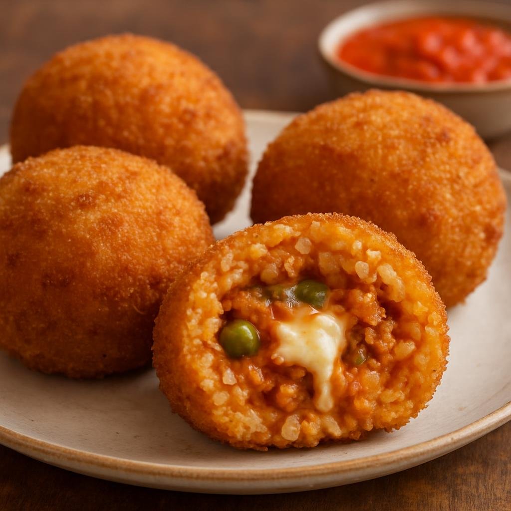 Entree: Italy – Sicily – Arancini (Crispy Sicilian fried rice balls filled with ragù, mozzarella, and peas) recipe