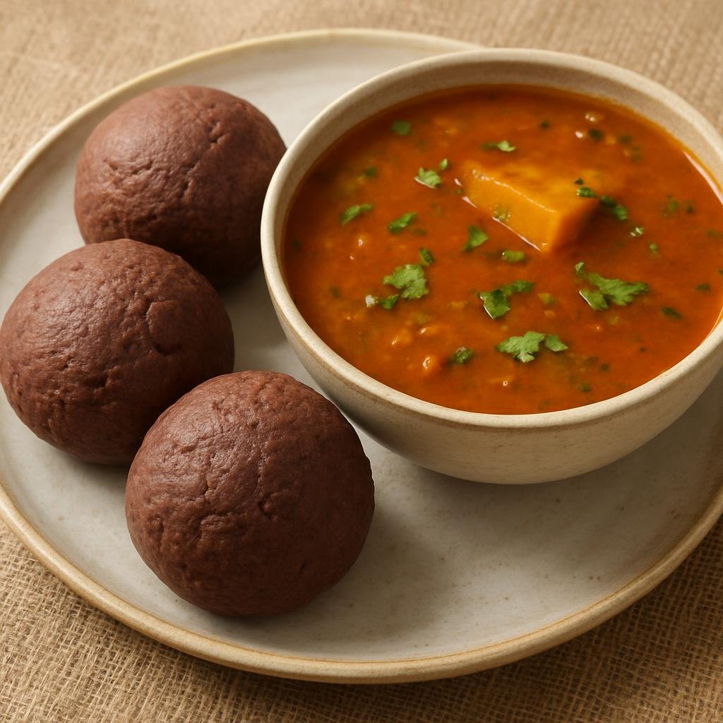 Entree: India – Interior Karnataka – ರಾಗಿ ಮುದ್ದೆ ➤ Rāgi Mudde (Finger millet flour balls traditionally eaten with spicy sambar or saaru) recipe