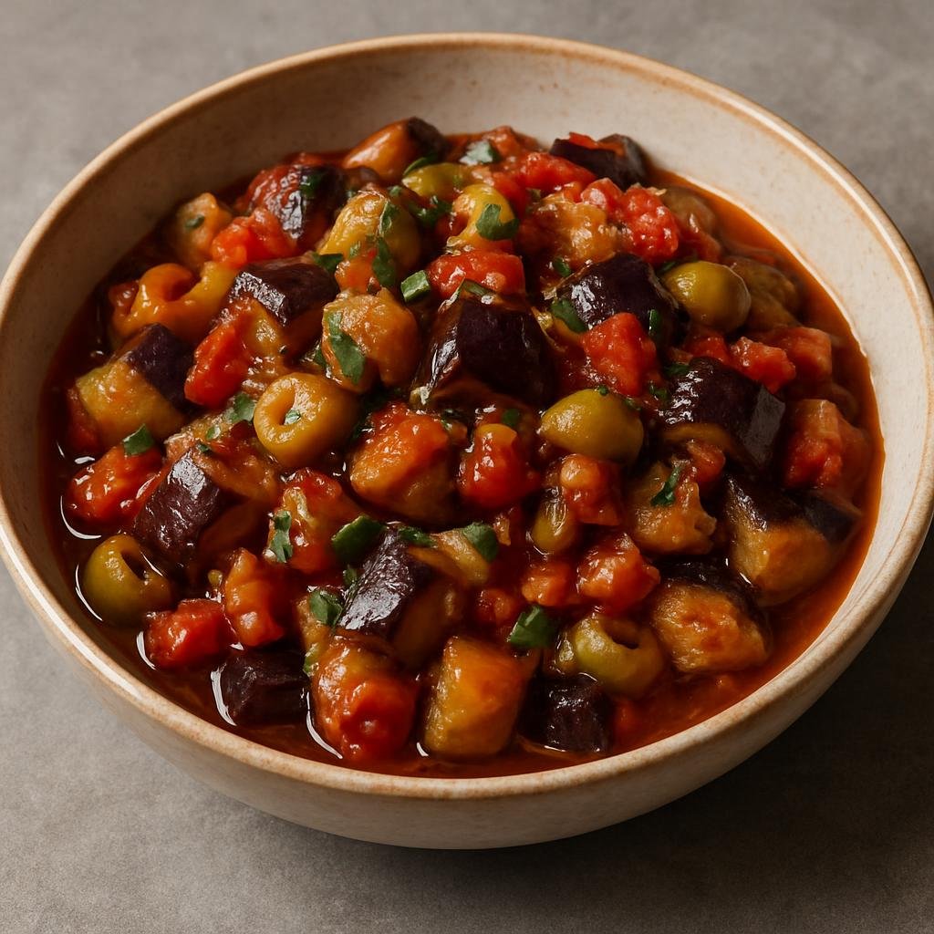 Entree: Italy – Sicily – Caponata (Sicilian sweet-and-sour cooked eggplant and vegetable stew) recipe