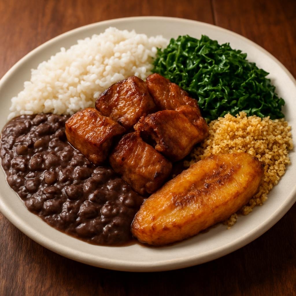 Entree: Brazil – Sao Paulo – Virado à Paulista (São Paulo–style plate of rice, refried beans and pork served with collard greens, farofa and fried banana) recipe