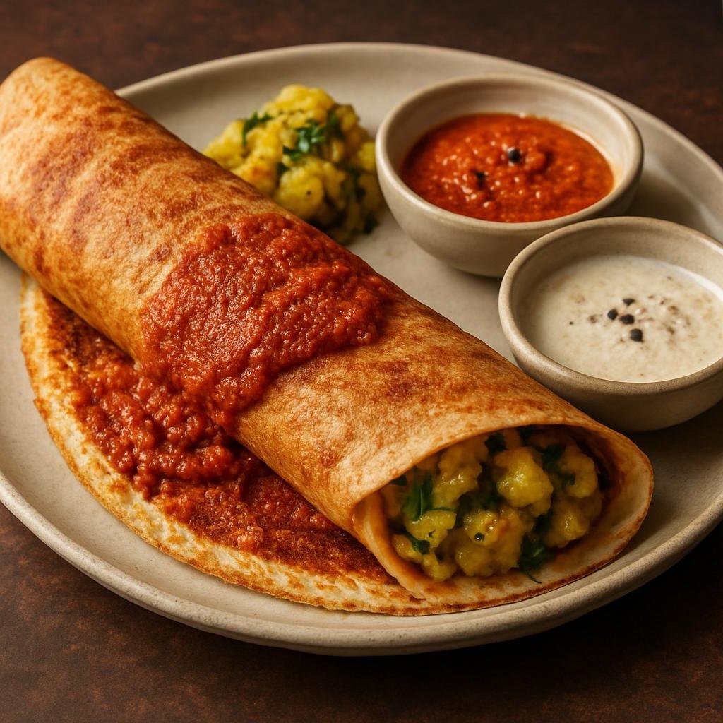 Entree: India – Interior Karnataka – ಮೈಸೂರು ಮಸಾಲಾ ದೋಸೆ ➤ Mysuru Masālā Dōse (Fermented rice-and-lentil crepe spread with spicy Mysore chutney and filled with seasoned potato masala) recipe