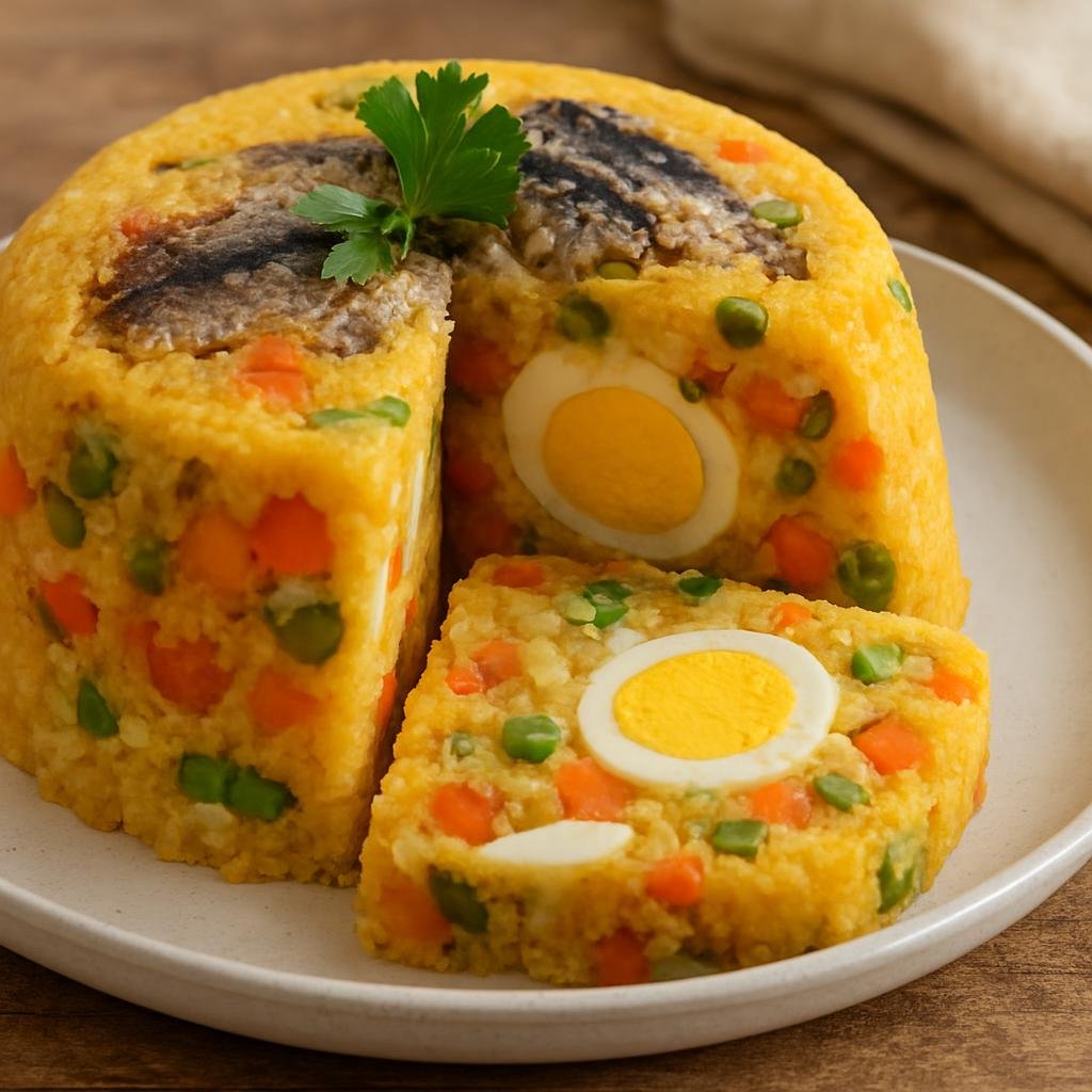 Entree: Brazil – Sao Paulo – Cuscuz Paulista (A savory São Paulo-style cornmeal mold with vegetables, eggs and sardines served sliced) recipe