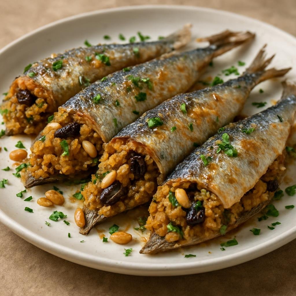 Entree: Italy – Sicily – Sarde a Beccafico (Sicilian-style small sardines stuffed with a sweet-savory breadcrumb, pine nut, raisin, and herb filling, baked until tender) recipe