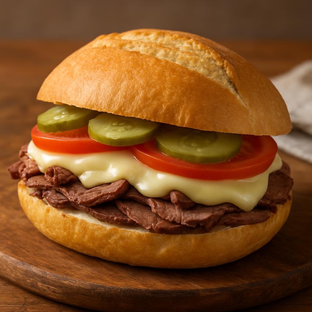 Entree: Brazil – Sao Paulo – Bauru Sandwich (Classic São Paulo sandwich of roast beef, melted mozzarella, tomato, and pickled cucumber on a crusty roll) recipe