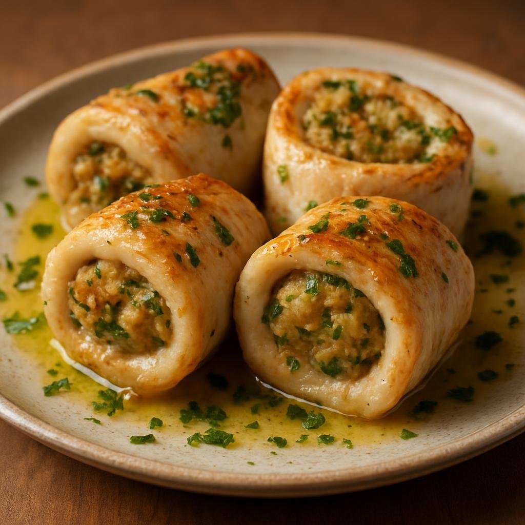 Entree: Italy – Sicily – Involtini di Pesce Spada (Rolled swordfish fillets stuffed with a savory breadcrumb-herb filling and cooked until tender) recipe