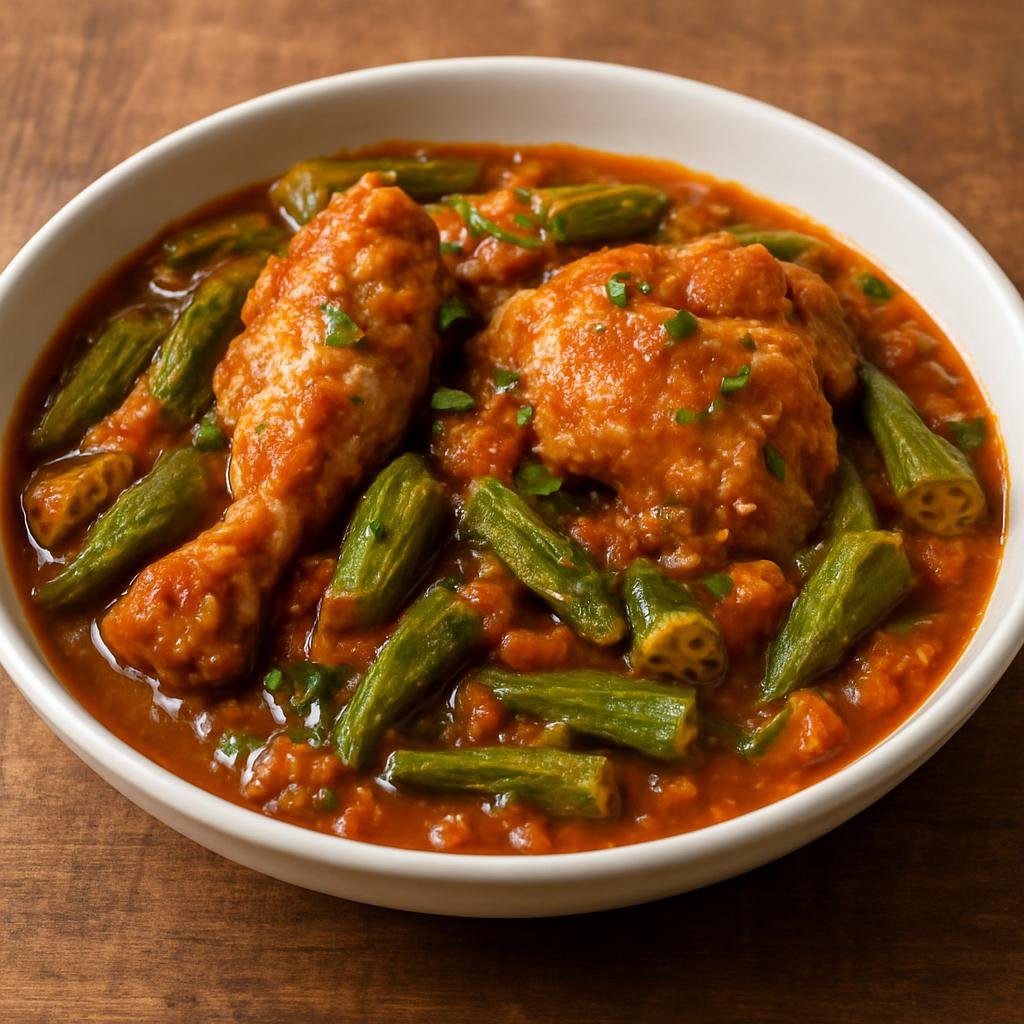 Entree: Brazil – Sao Paulo – Frango com Quiabo (Stewed bone-in chicken cooked with tender okra in a savory tomato-onion sauce) recipe