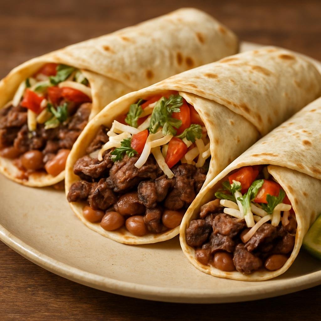Entree: Mexico – Sonora – Burritos de Carne Asada (Large flour tortillas filled with grilled marinated steak, beans, cheese, onions and fresh condiments, folded and served warm) recipe