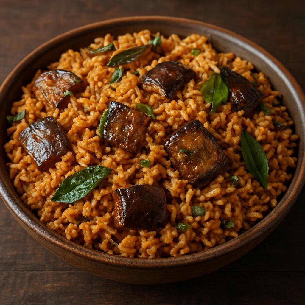 Entree: India – Interior Karnataka – ವಾಂಗಿ ಭಾತ್ ➤ Vangi Bhāt (Spiced eggplant and rice cooked with a roasted spice-coconut masala) recipe