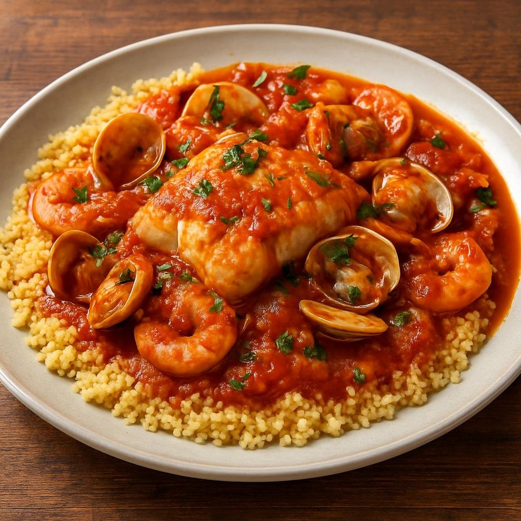 Entree: Italy – Sicily – Couscous di Pesce (Sicilian steamed semolina couscous served with a tomato-based fish and shellfish stew) recipe