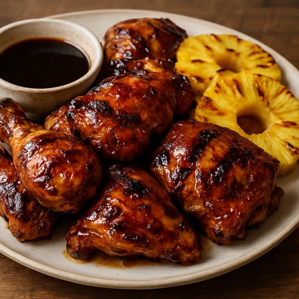 Entree: United States – Hawaii – Huli Huli Chicken (Hawaiian-style grilled chicken brushed with a sweet-savory pineapple and soy glaze) recipe