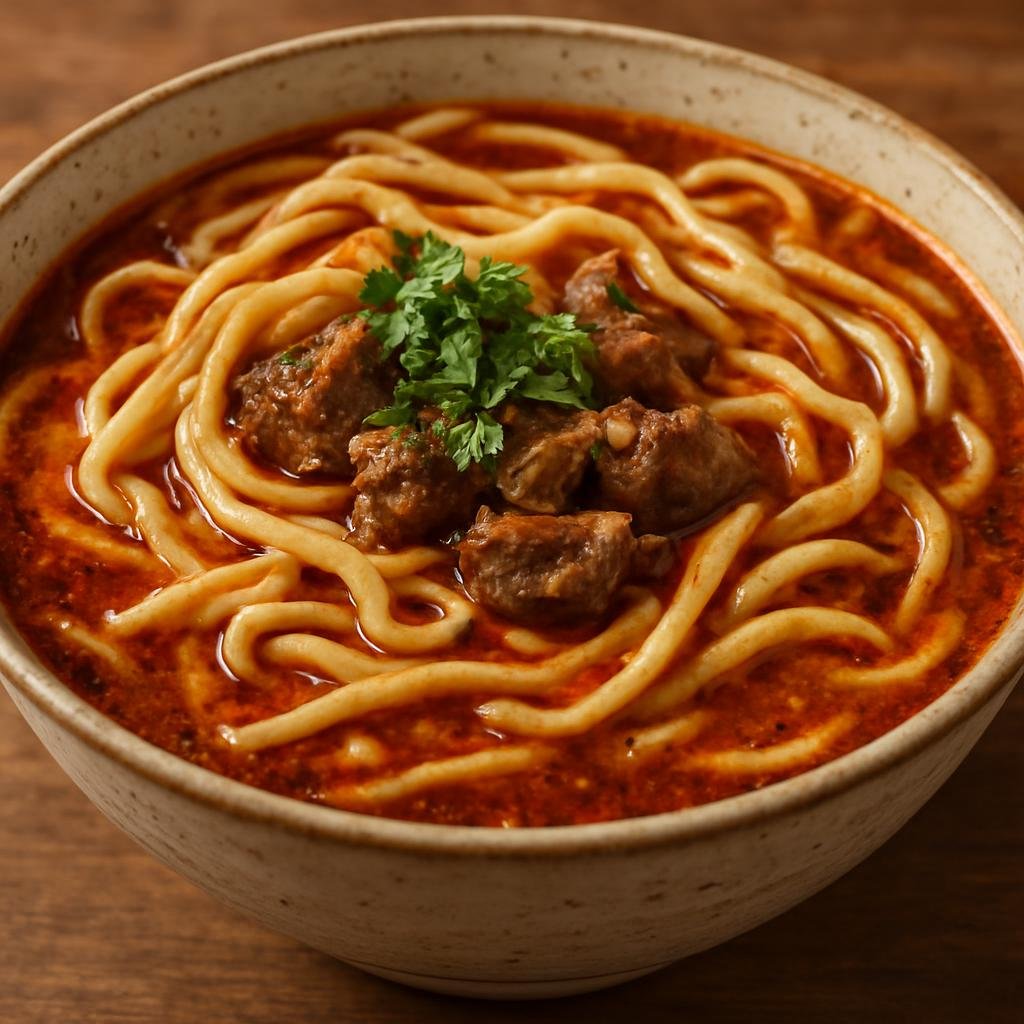 Entree: China – Ningxia – 宁夏手拉面 ➤ Níngxià shǒulāmiàn (Hand-pulled wheat noodles served in a spiced lamb broth with cumin and chili oil) recipe
