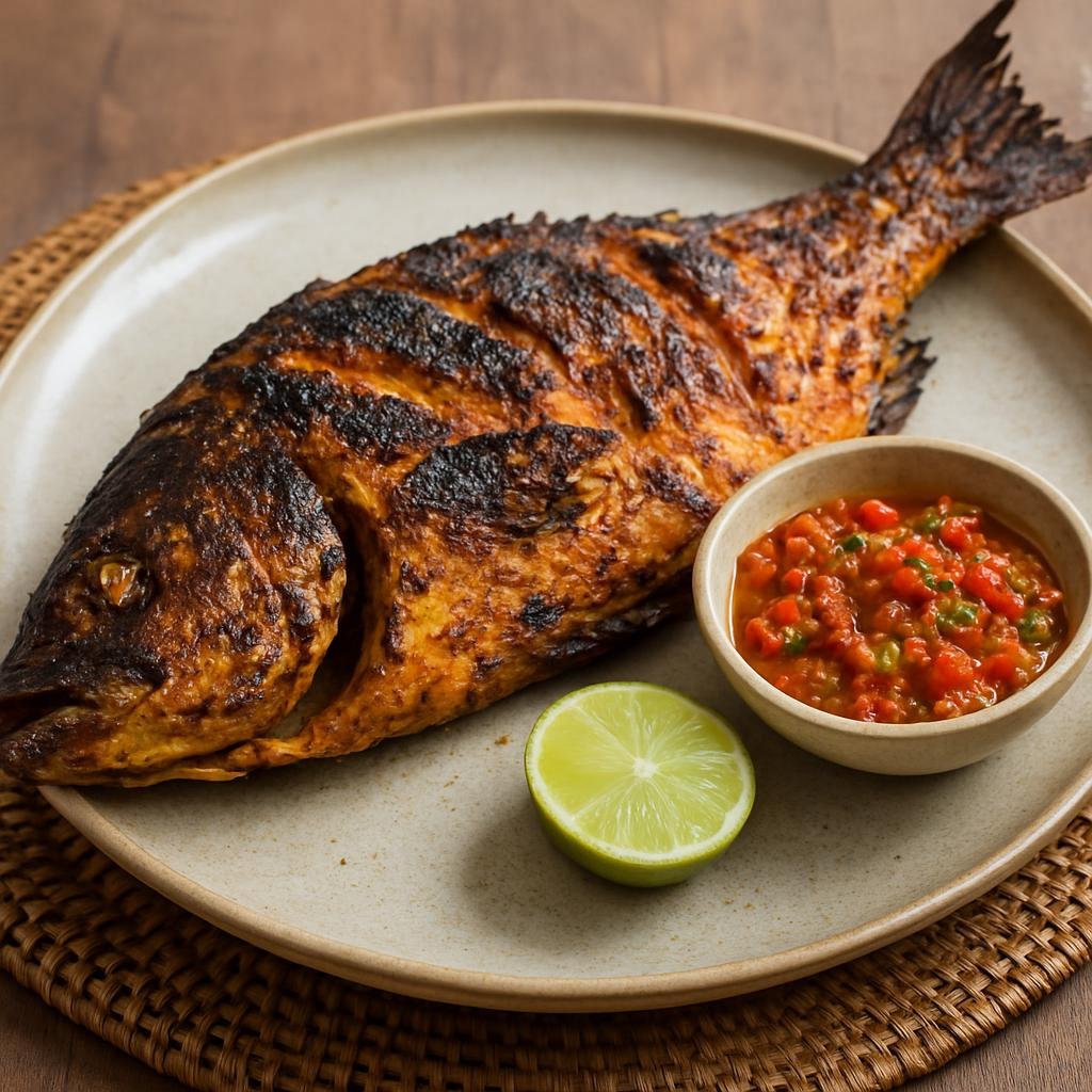 Entree: Indonesia – Papua – Ikan Bakar Manokwari (Charcoal-grilled whole fish marinated in a Papuan spice paste and served with fresh chili-lime sambal) recipe