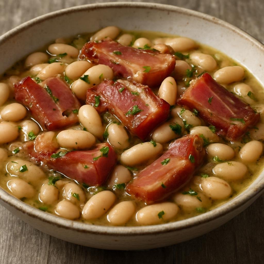 Entree: Italy – Trentino-Alto Adige – Speck e Fagioli (Smoky Alpine speck sautéed with tender white beans in a light wine-and-herb broth) recipe