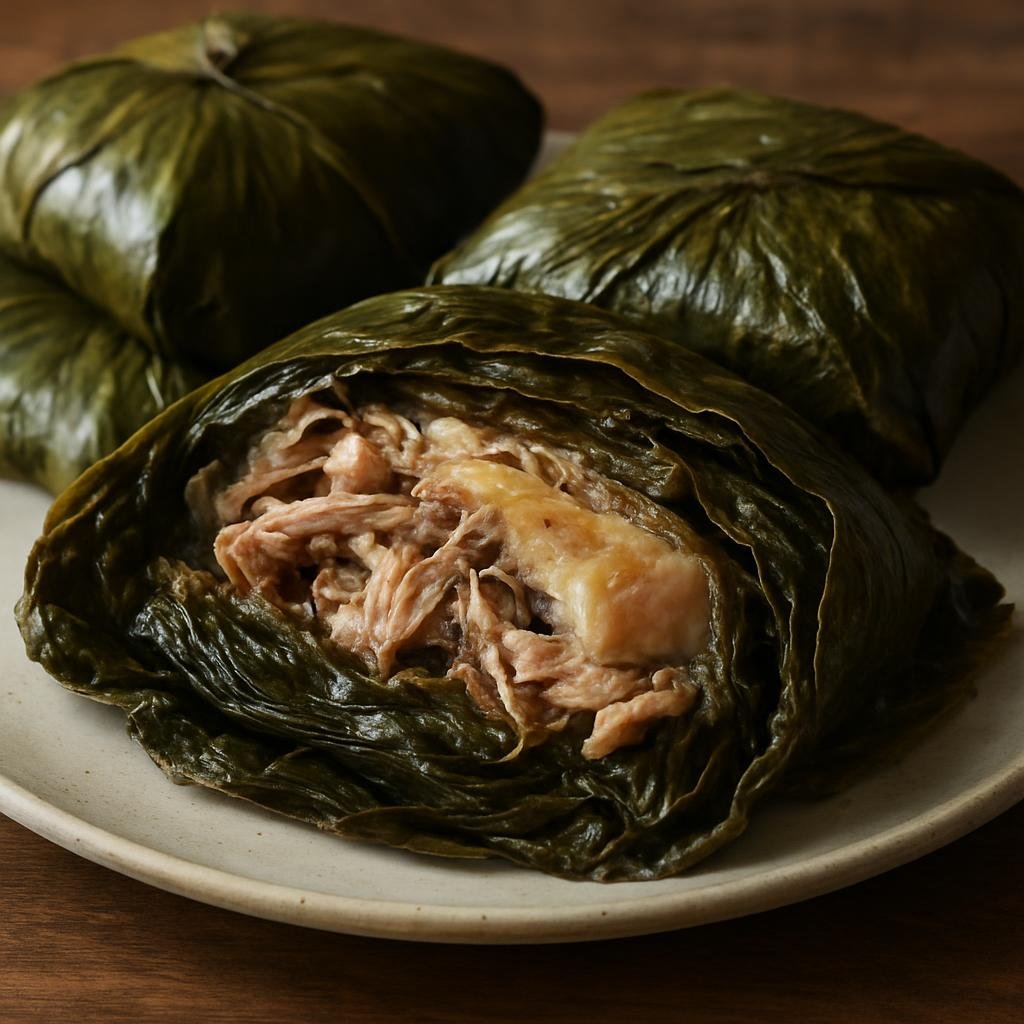 Entree: United States – Hawaii – Lau Lau (Traditional Hawaiian steamed parcels of pork and salted fish wrapped in taro and ti leaves) recipe