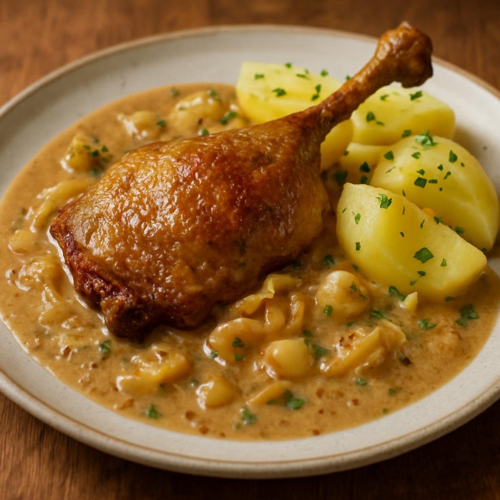 Entree: France – Normandy – Canard Rouennais (Duck prepared in the Rouen style with Normandy cider, Calvados, and mustard) recipe