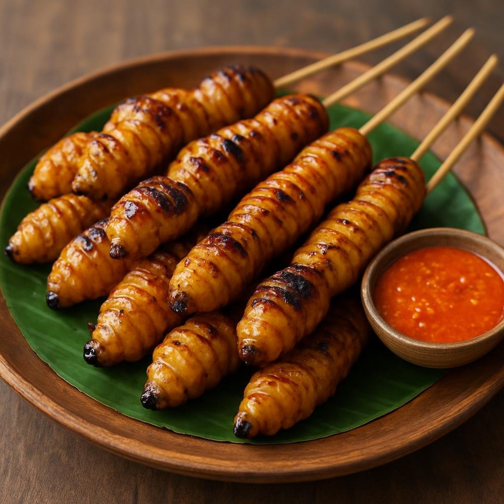Entree: Indonesia – Papua – Sate Ulat Sagu (Grilled skewers of sago grubs, a traditional Papuan protein prepared like satay) recipe
