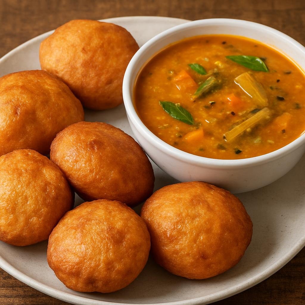 Entree: India – Karnataka Coast – ಮಂಗಳೂರು ಬನ್ಸ್ ಮತ್ತು ಸಾಂಬಾರ್ ➤ Mangaluru Bans mattu Sāmbār (Soft slightly sweet deep-fried banana buns served with a tangy South Indian lentil and vegetable sambar) recipe